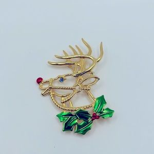 Vintage JJ Signed Large Reindeer Head Christmas Brooch